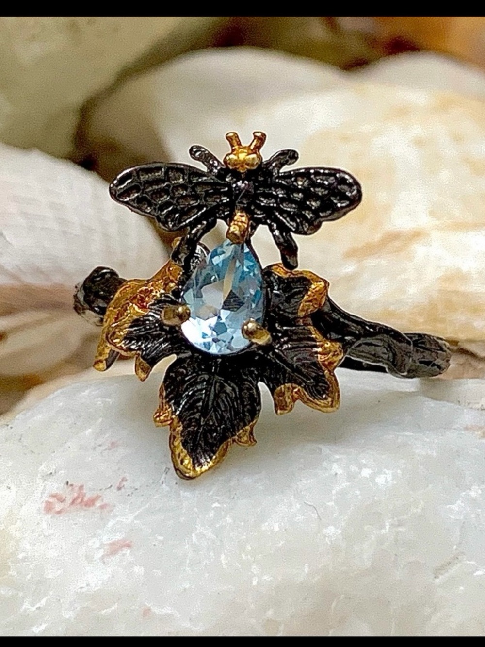 Whimsical Blue Topaz Bee & Floral Sterling Silver & 14kt Ring
